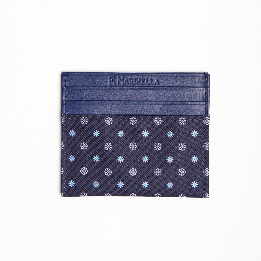 New E.Marinella Dark Blue Silk And Leather Credit Card Holder 5 Compartments