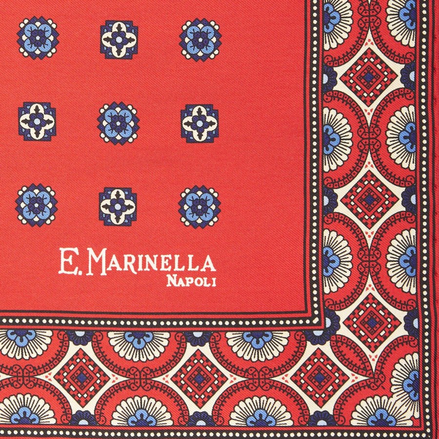 New E.Marinella Red Hand-Printed Silk Pocket Square Large Flower Pattern