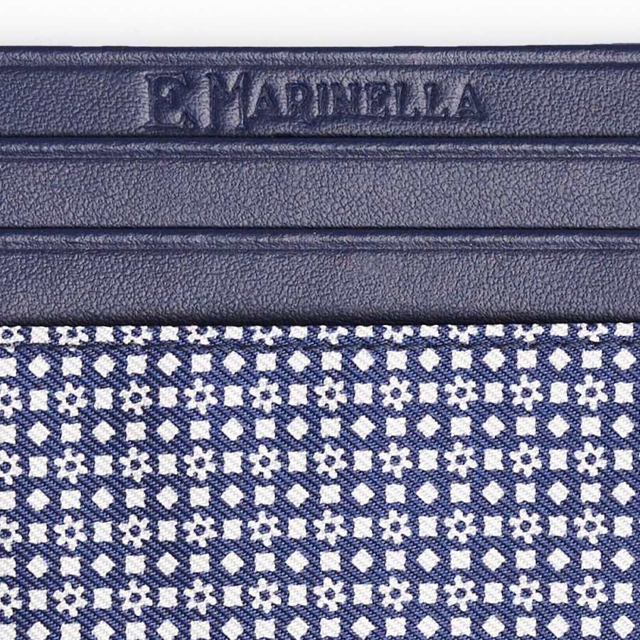 Wholesale E.Marinella Dark Blue Silk And Leather Credit Card Holder - 5 Compartments