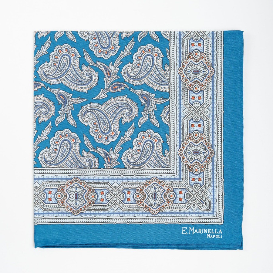 Online E.Marinella Mid Blue Hand-Printed Silk Pocket Square - Paisley Pattern