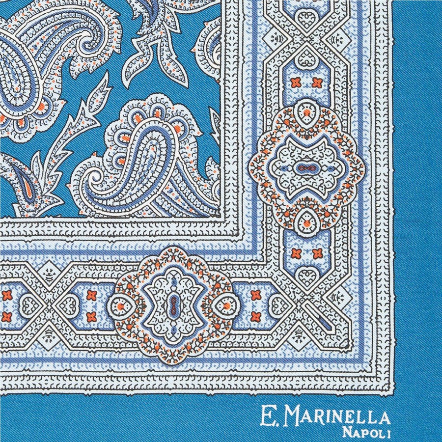 Online E.Marinella Mid Blue Hand-Printed Silk Pocket Square - Paisley Pattern