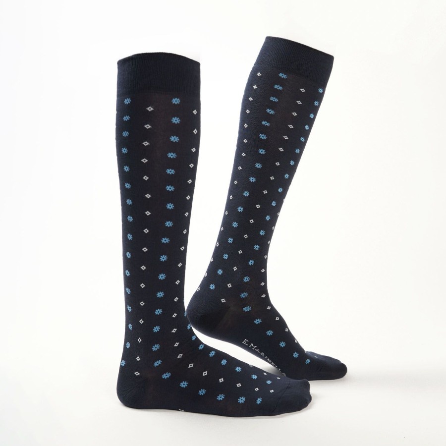 New E.Marinella Long Blue Cotton Socks - Small Flower Pattern