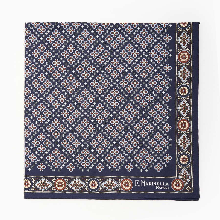 Wholesale E.Marinella Dark Blue Hand-Printed Silk Pocket Square Large Flower Pattern