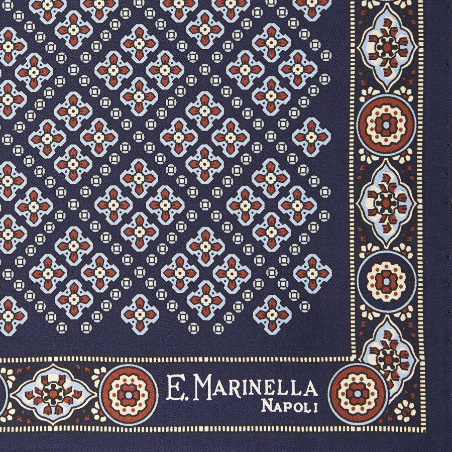 Wholesale E.Marinella Dark Blue Hand-Printed Silk Pocket Square Large Flower Pattern