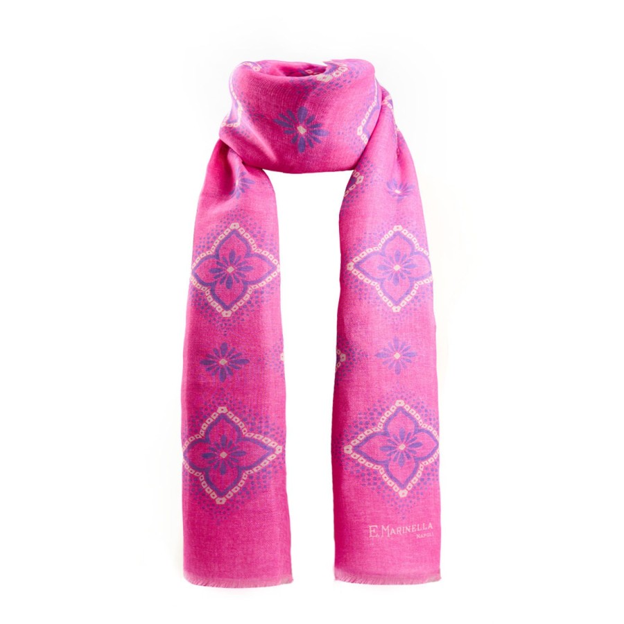 Hot E.Marinella Fucsia Cotton And Linen Scarf - Blue Macro Flowers