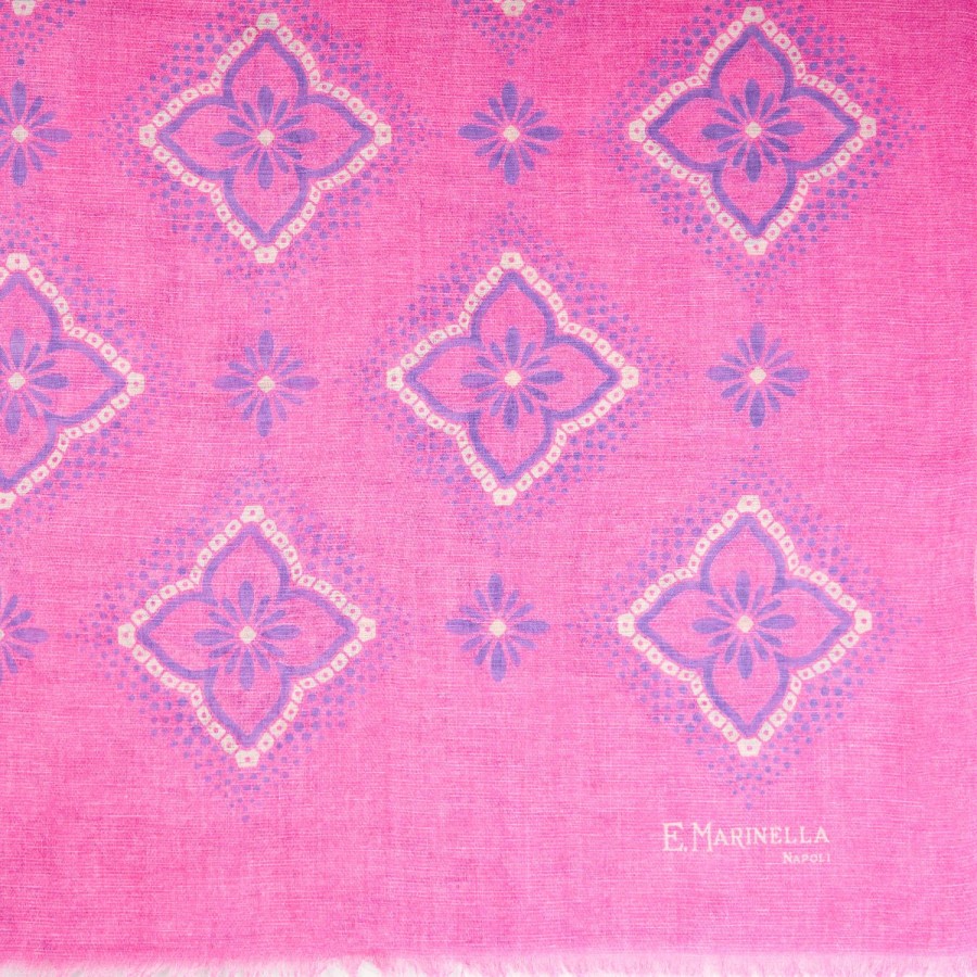 Hot E.Marinella Fucsia Cotton And Linen Scarf - Blue Macro Flowers