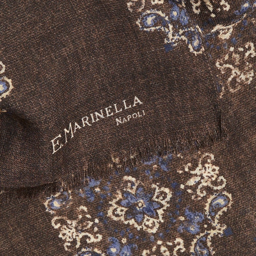 New E.Marinella Dark Brown Wool Stole With Floral Decoration