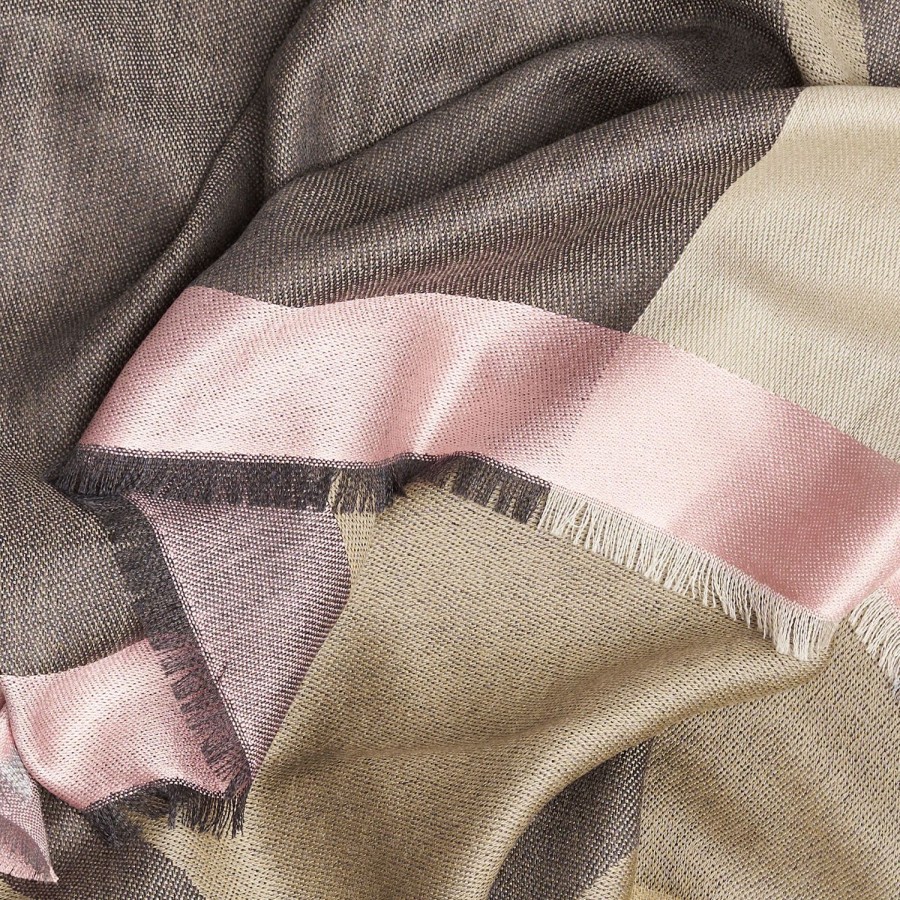 Clearance E.Marinella Beige And Gray Cashmere Stole With Pink Silk Detail