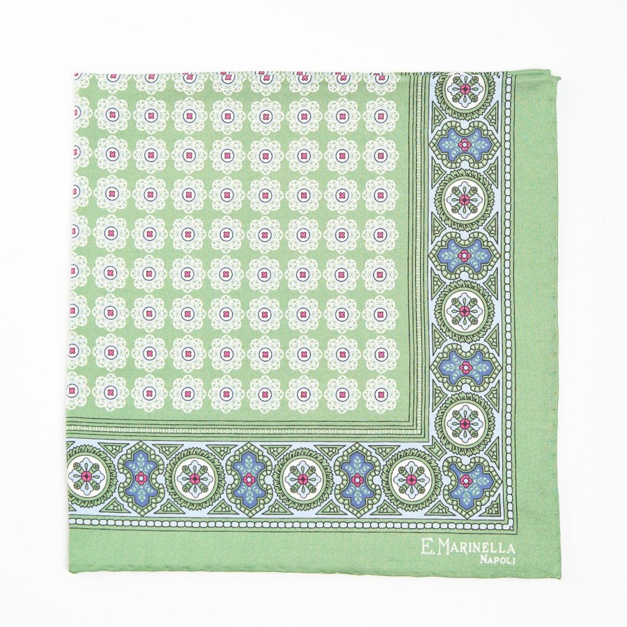 Best E.Marinella Light Green Hand-Printed Silk Pocket Square Large Flower Pattern