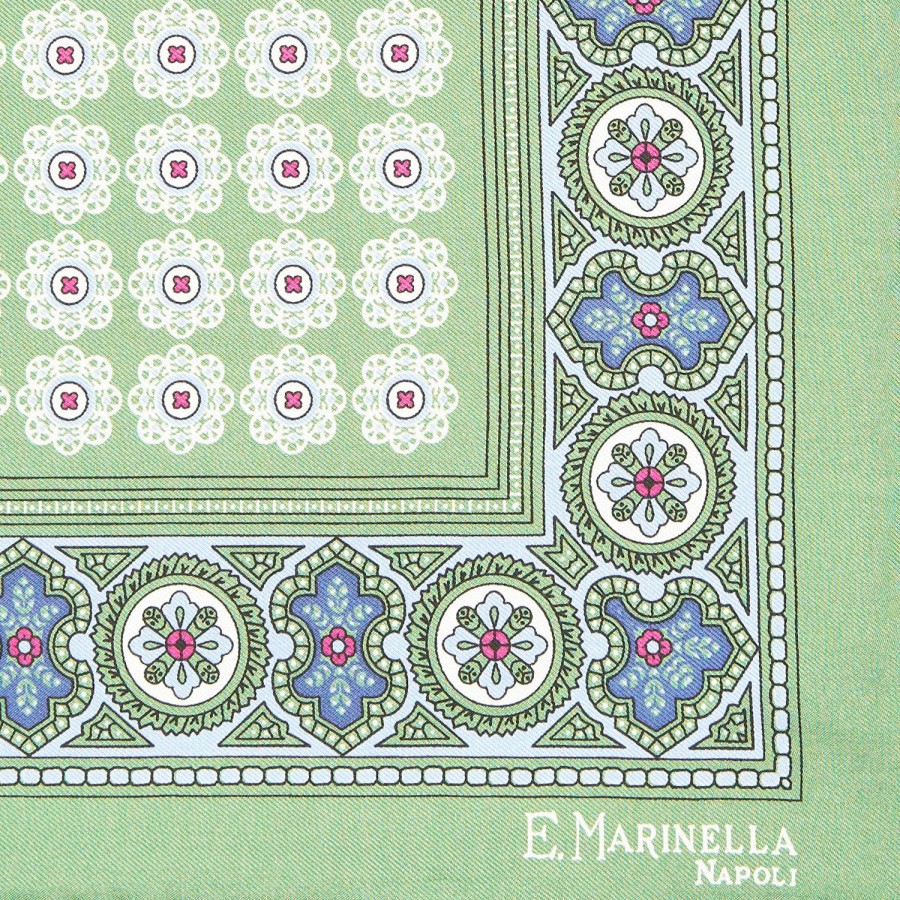 Best E.Marinella Light Green Hand-Printed Silk Pocket Square Large Flower Pattern