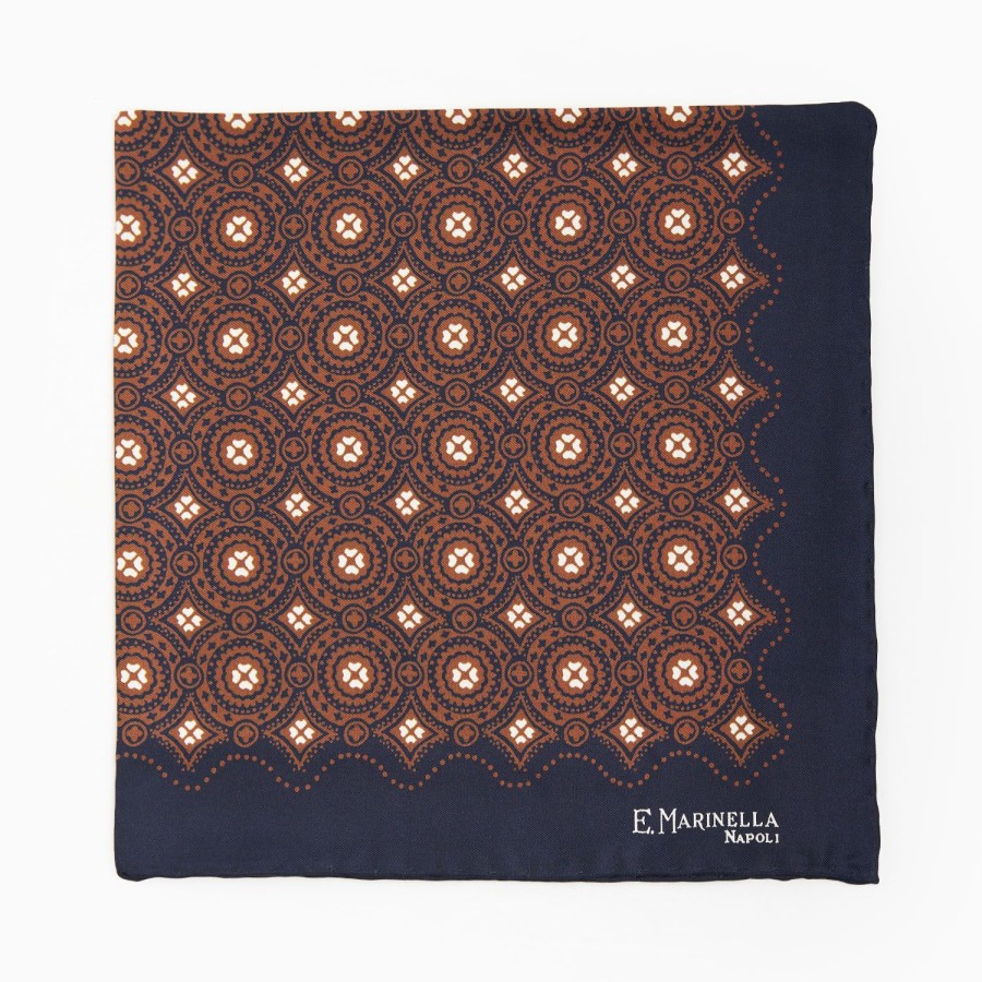 Online E.Marinella Dark Blue Hand-Printed Silk Pocket Square Large Flower Pattern