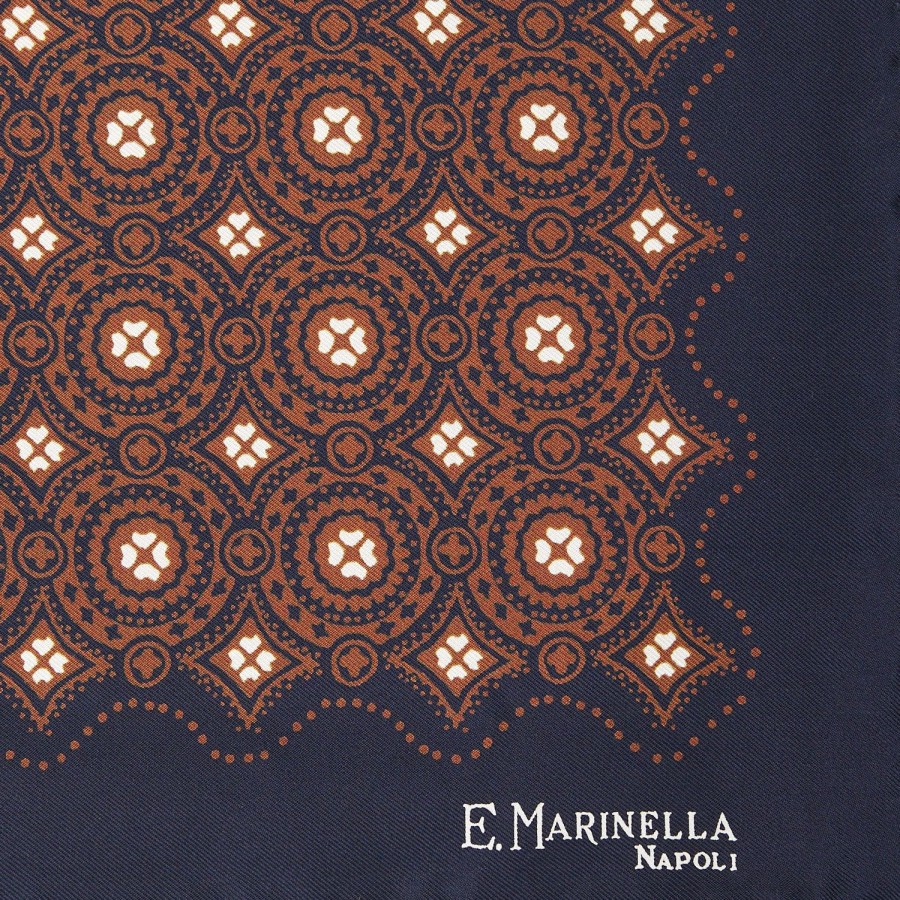 Online E.Marinella Dark Blue Hand-Printed Silk Pocket Square Large Flower Pattern