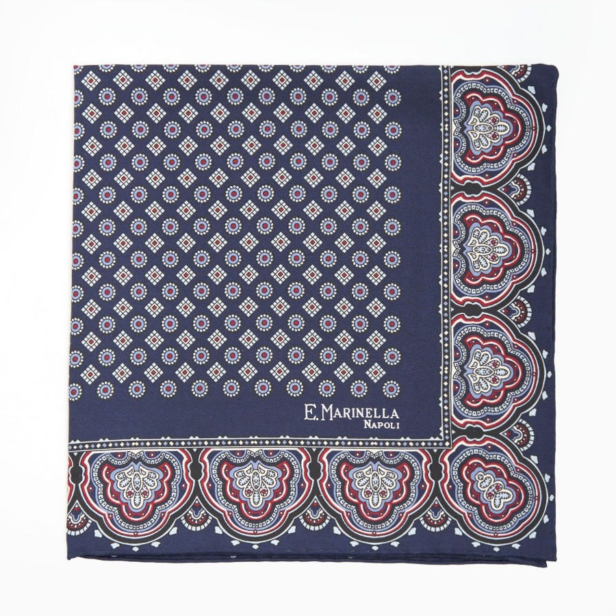 Clearance E.Marinella Dark Blue Hand-Printed Silk Pocket Square Small Flower Pattern