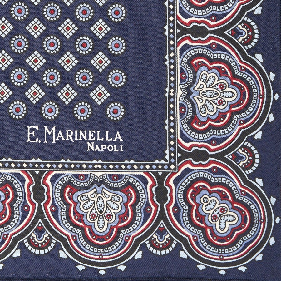 Clearance E.Marinella Dark Blue Hand-Printed Silk Pocket Square Small Flower Pattern