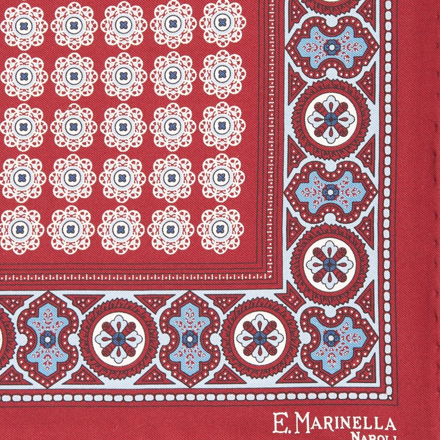 Hot E.Marinella Burgundy Hand-Printed Silk Pocket Square Large Flower Pattern