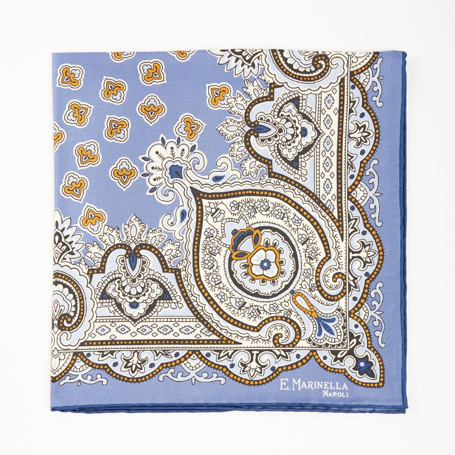 Clearance E.Marinella Powder Blue Hand-Printed Silk Pocket Square - Large Flower Pattern