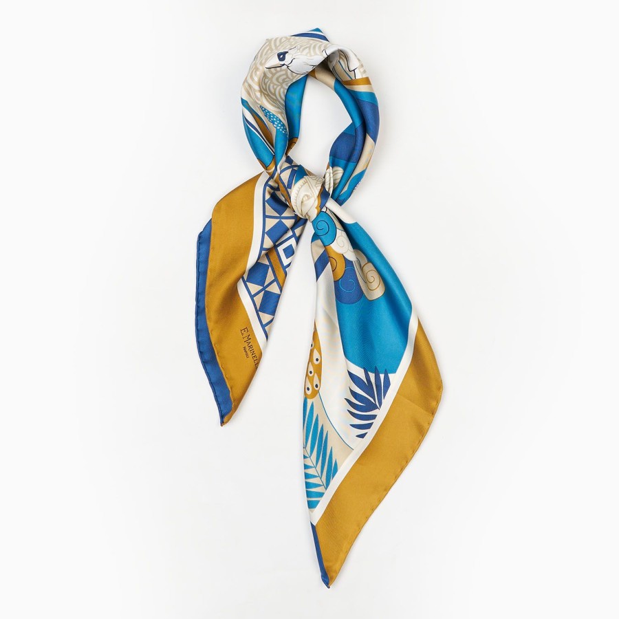 Hot E.Marinella Ochre And Blue Silk Scarf 90 - Pulcinella In Naples