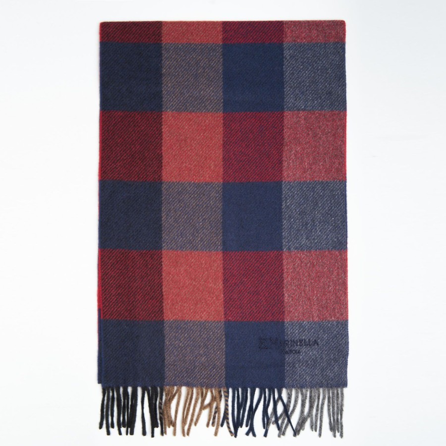 New E.Marinella Blue And Burgundy Cashmere Plaid Scarf With Bangs