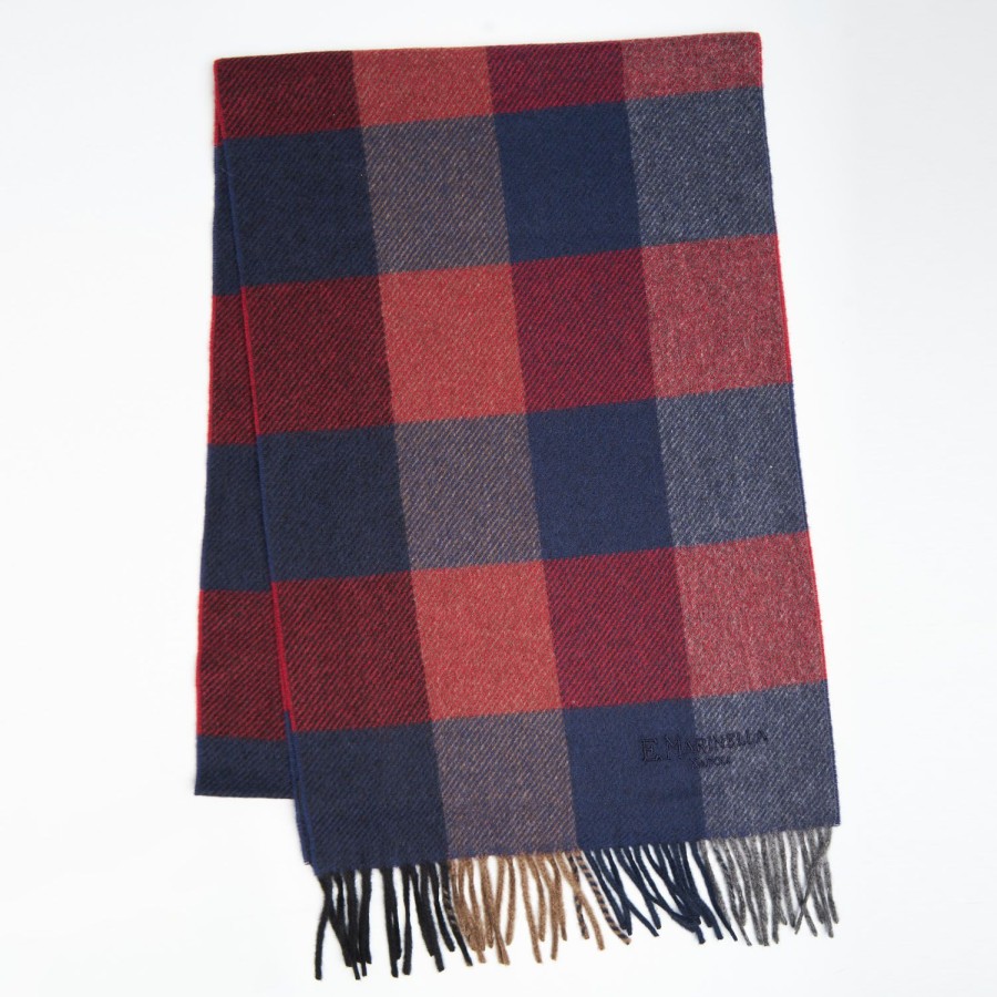 New E.Marinella Blue And Burgundy Cashmere Plaid Scarf With Bangs