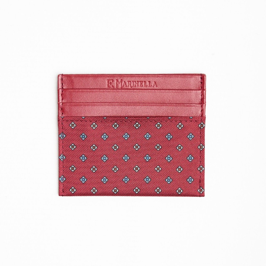 Clearance E.Marinella Burgundy Leather And Silk Credit Card Holder - 5 Compartments