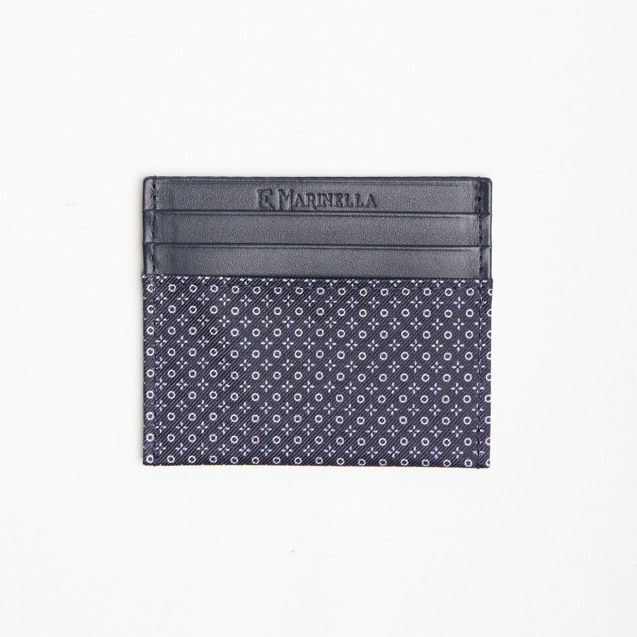 Hot E.Marinella Dark Blue Silk And Leather Credit Card Holder 5 Compartments