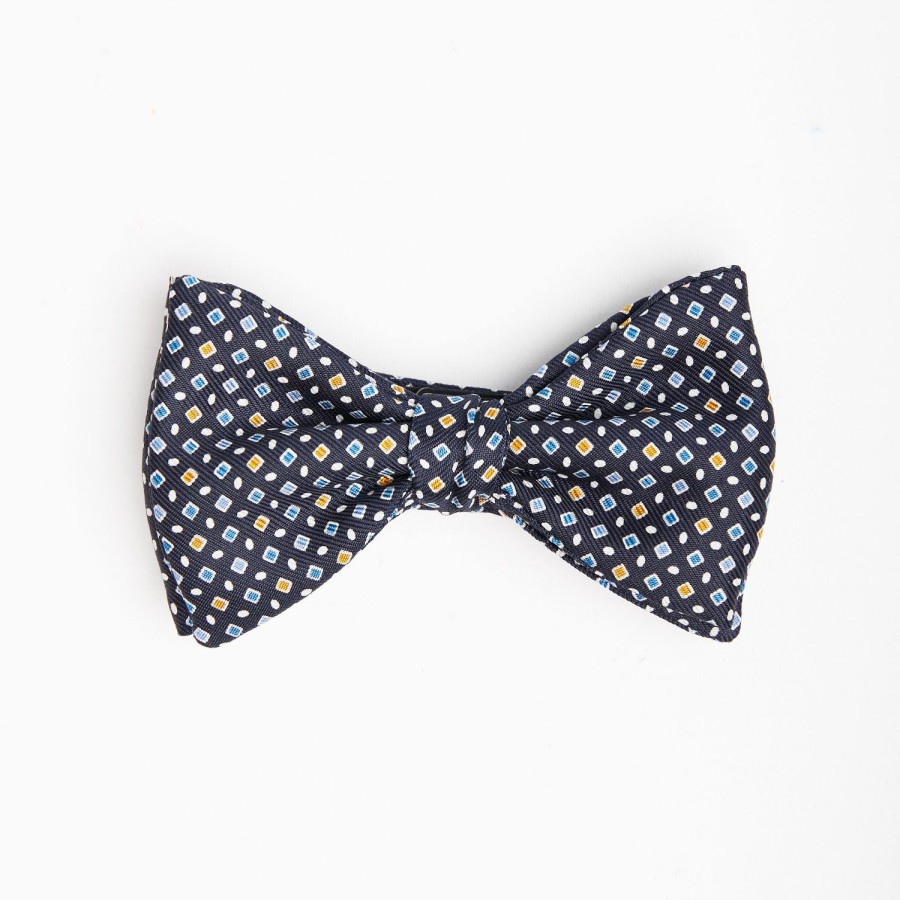 Clearance E.Marinella Dark Blue Pre-Knotted Silk Bowtie - Small Geometric Pattern