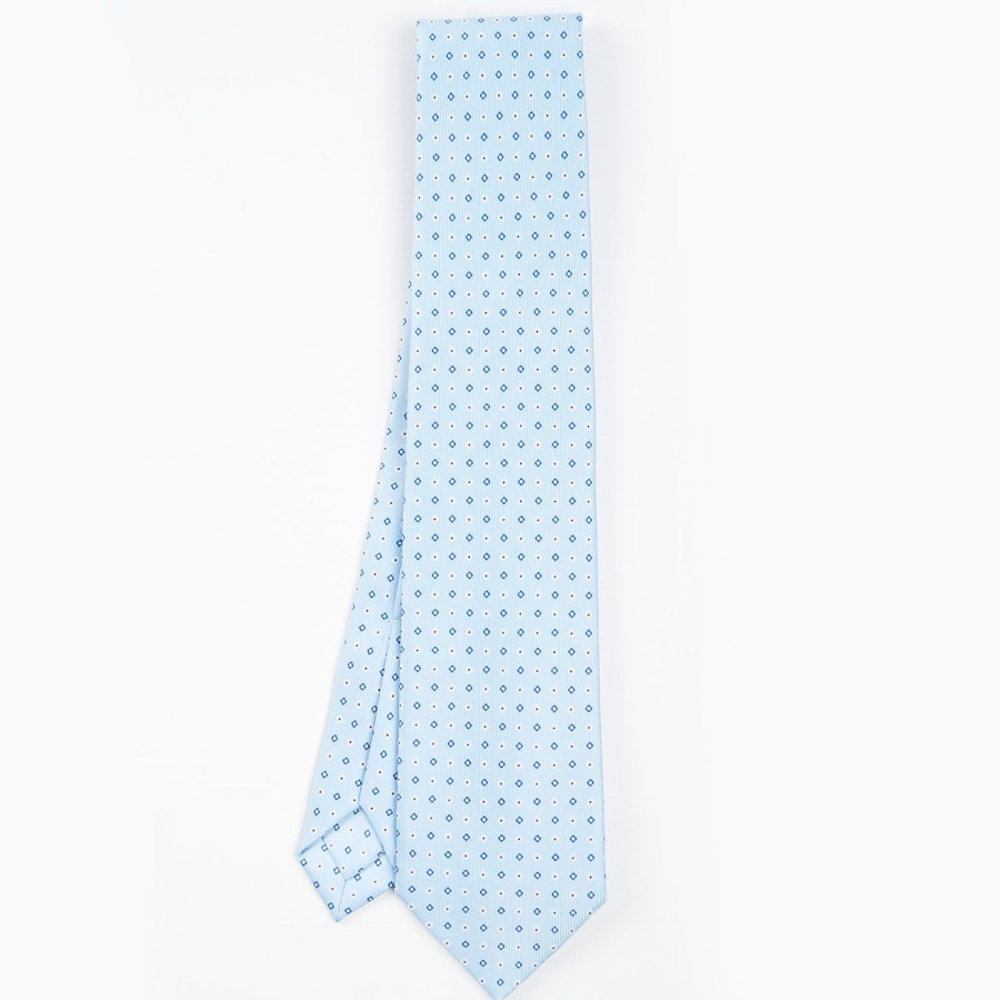 New E.Marinella Light Blue 7 Fold Sartorial Silk Tie - Small Flower Pattern