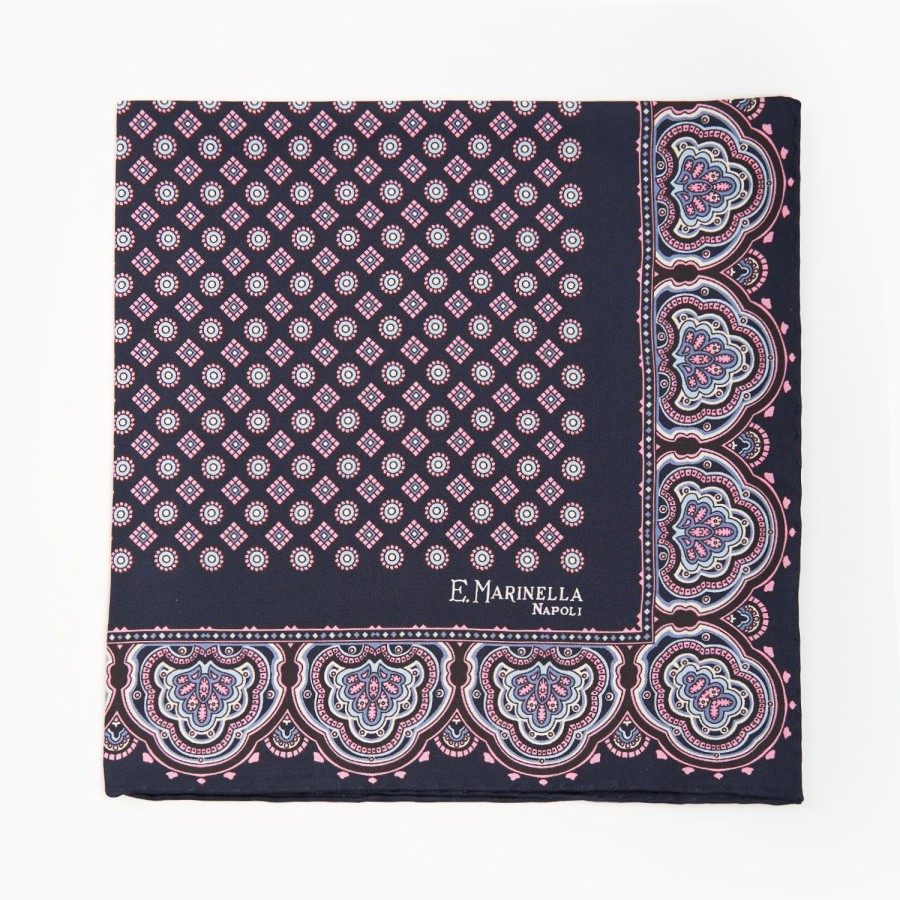 Online E.Marinella Dark Blue Hand-Printed Silk Pocket Square Large Flower Pattern