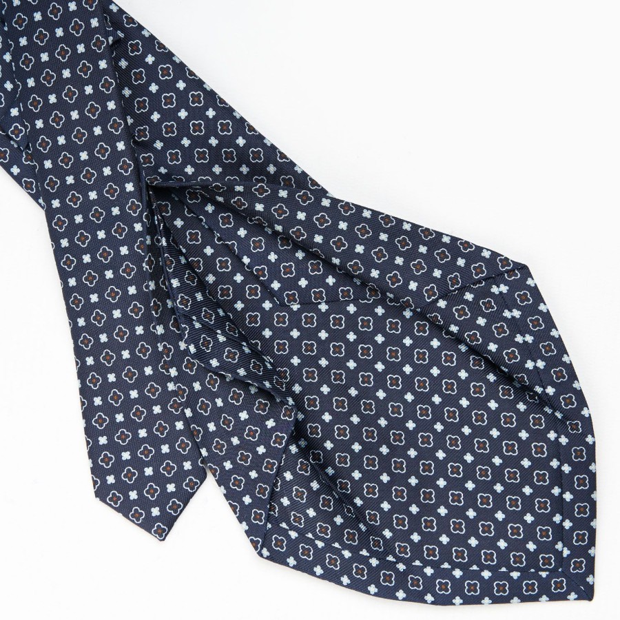 New E.Marinella Dark Blue 5 Fold Sartorial Silk Tie - Small Flower Pattern