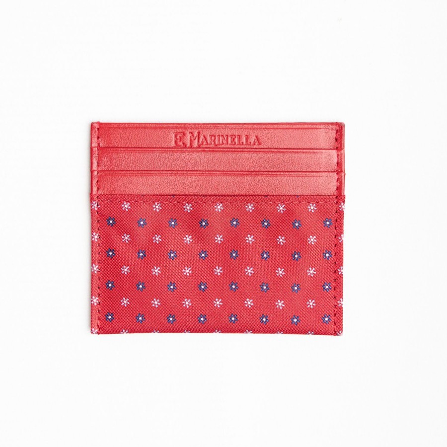 Clearance E.Marinella Red Leather And Silk Credit Card Holder - 5 Compartments