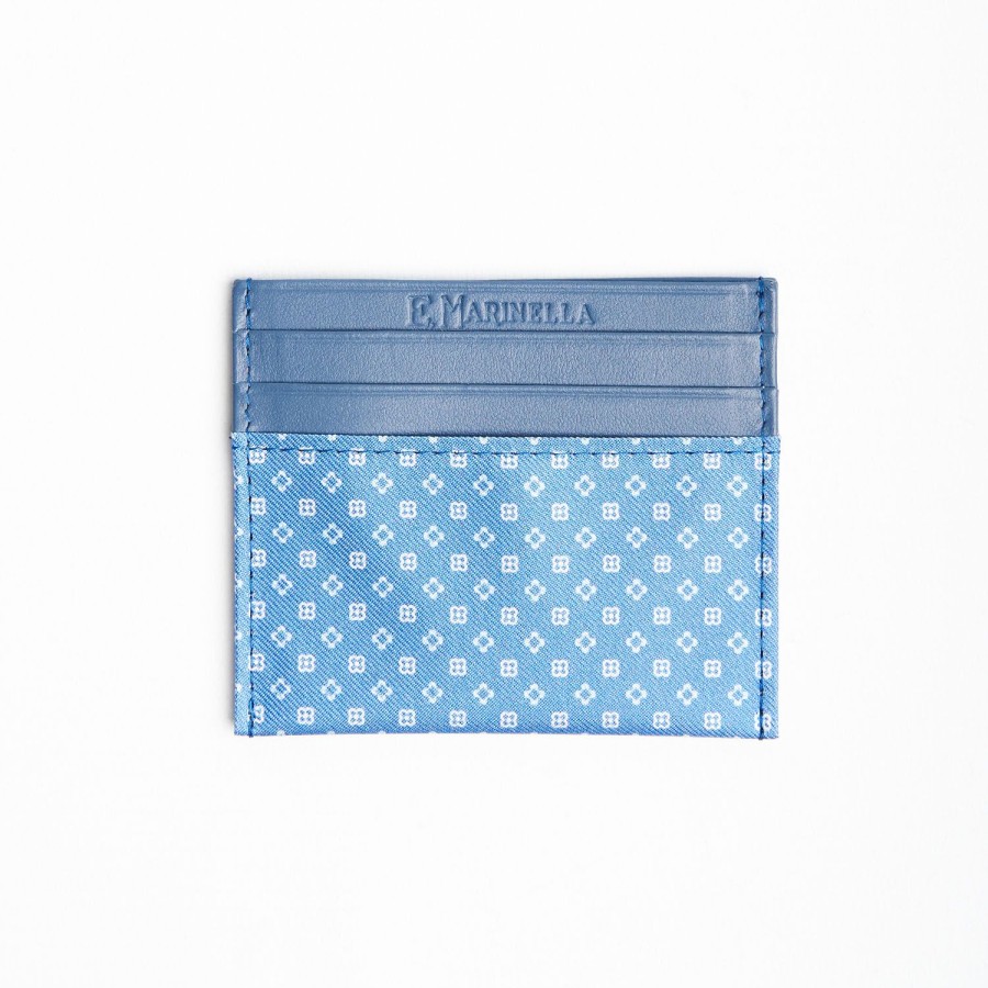 New E.Marinella Powder Blue Leather And Silk Credit Card Holder - 5 Compartments