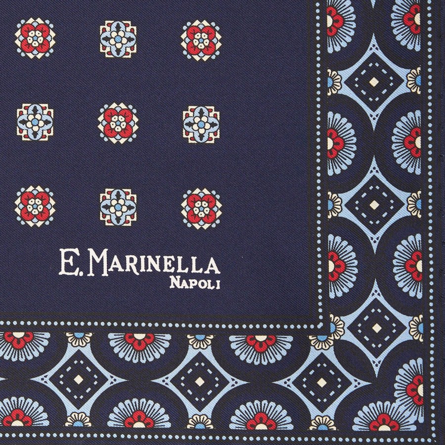 Online E.Marinella Dark Blue Hand-Printed Silk Pocket Square Large Flower Pattern