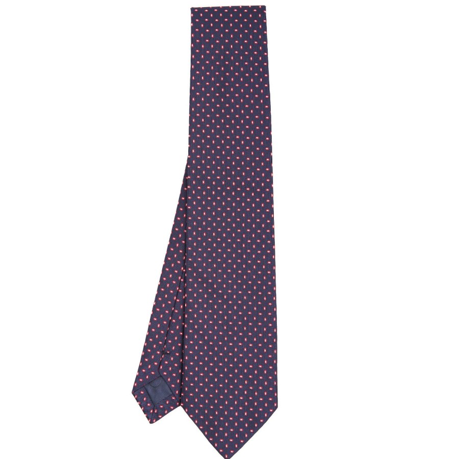 Clearance E.Marinella Dark Blue Sartorial Jacquard Silk Tie - Small Geometric Pattern