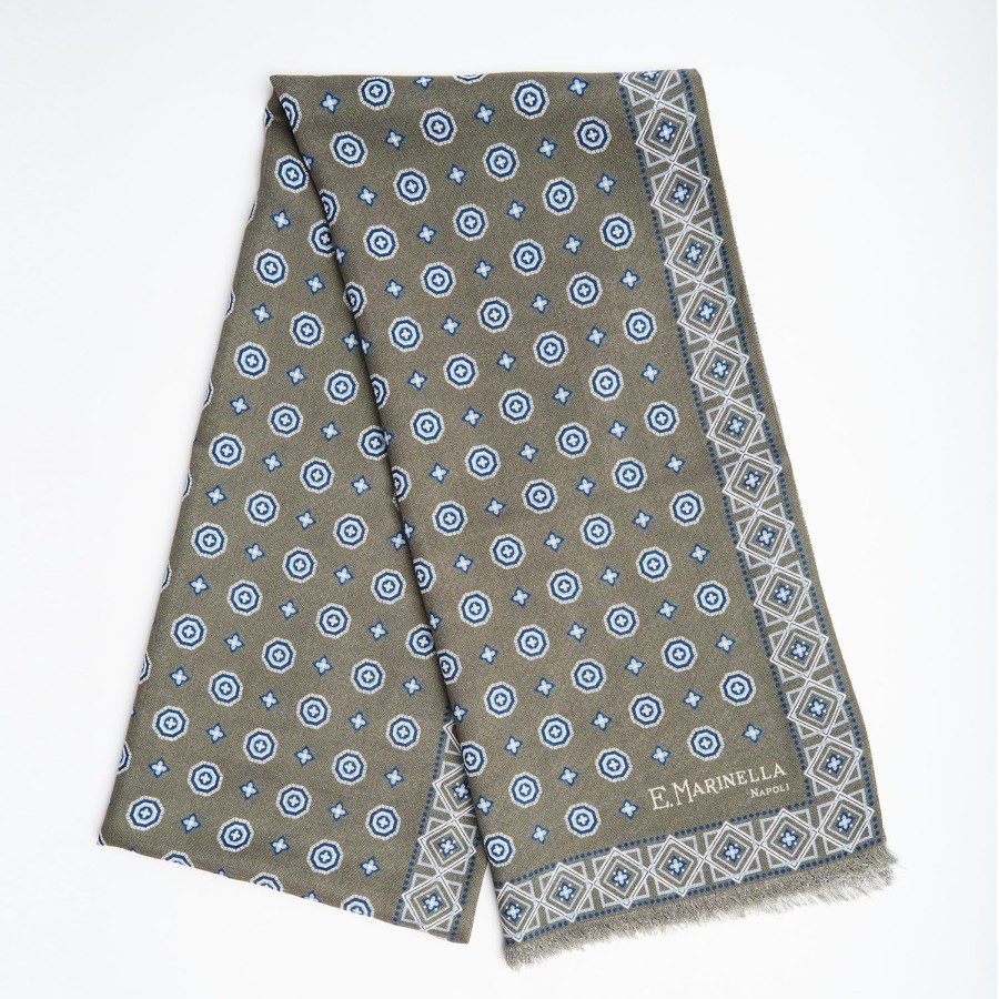 Online E.Marinella Dark Green Double Patterned Wool And Silk Scarf