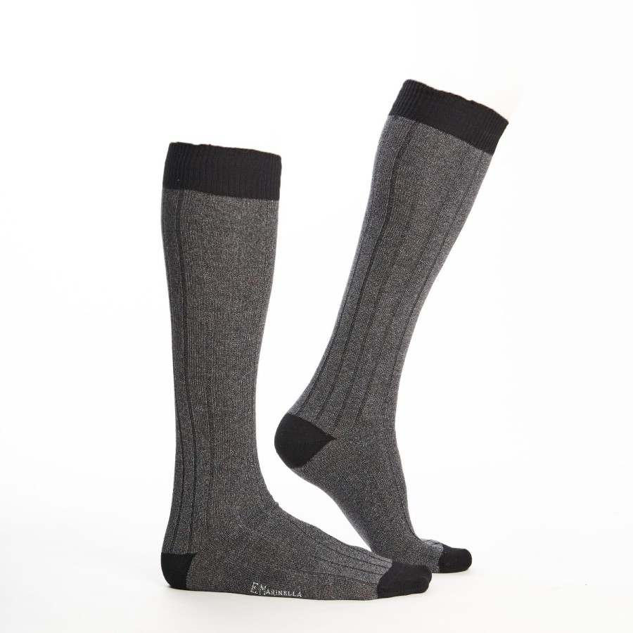 New E.Marinella Long Grey And Black Bicolor Cotton Socks - Solid Color