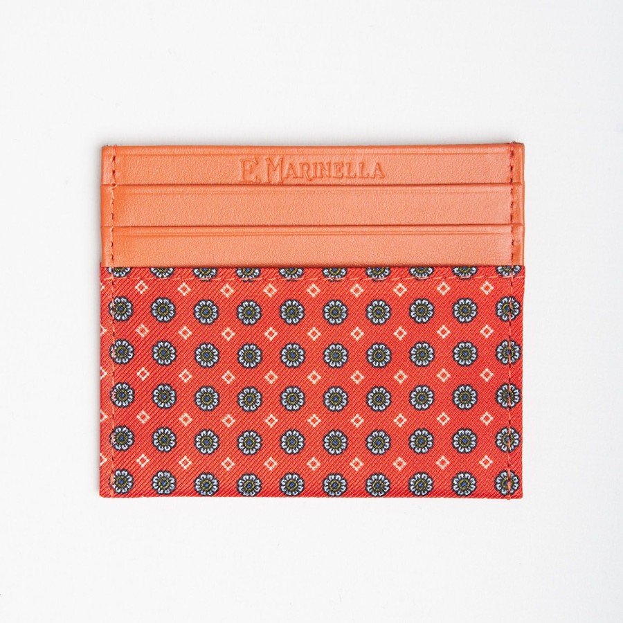 Online E.Marinella Orange Leather And Silk Credit Card Holder - 5 Compartments