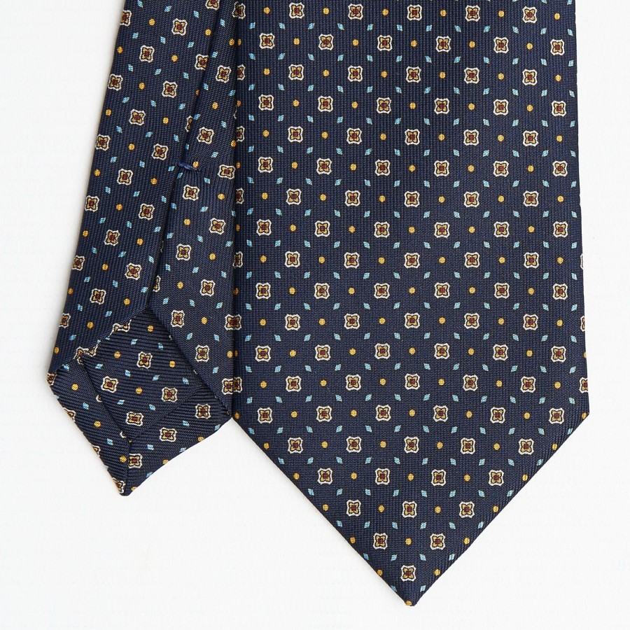 Wholesale E.Marinella Dark Blue Sartorial Classic Silk Tie Small Flower Pattern