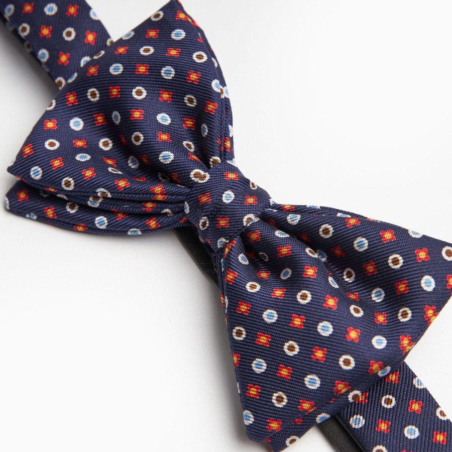 Clearance E.Marinella Dark Blue Pre-Knotted Silk Bowtie- Small Flower Pattern