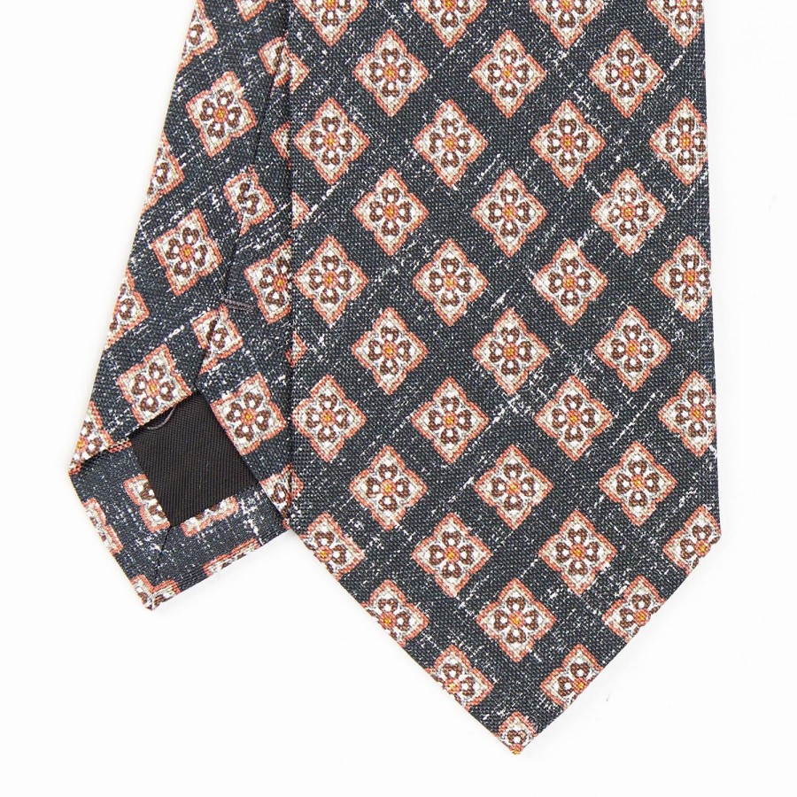 New E.Marinella Black Sartorial Cotton And Silk Tie - Large Flower Pattern