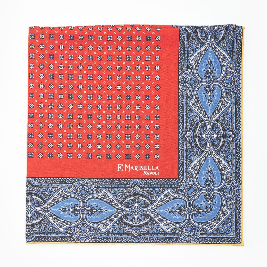 Clearance E.Marinella Red Hand-Printed Silk Pocket Square Small Flower Pattern