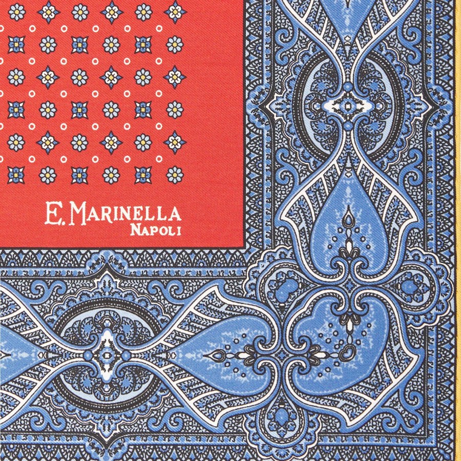 Clearance E.Marinella Red Hand-Printed Silk Pocket Square Small Flower Pattern