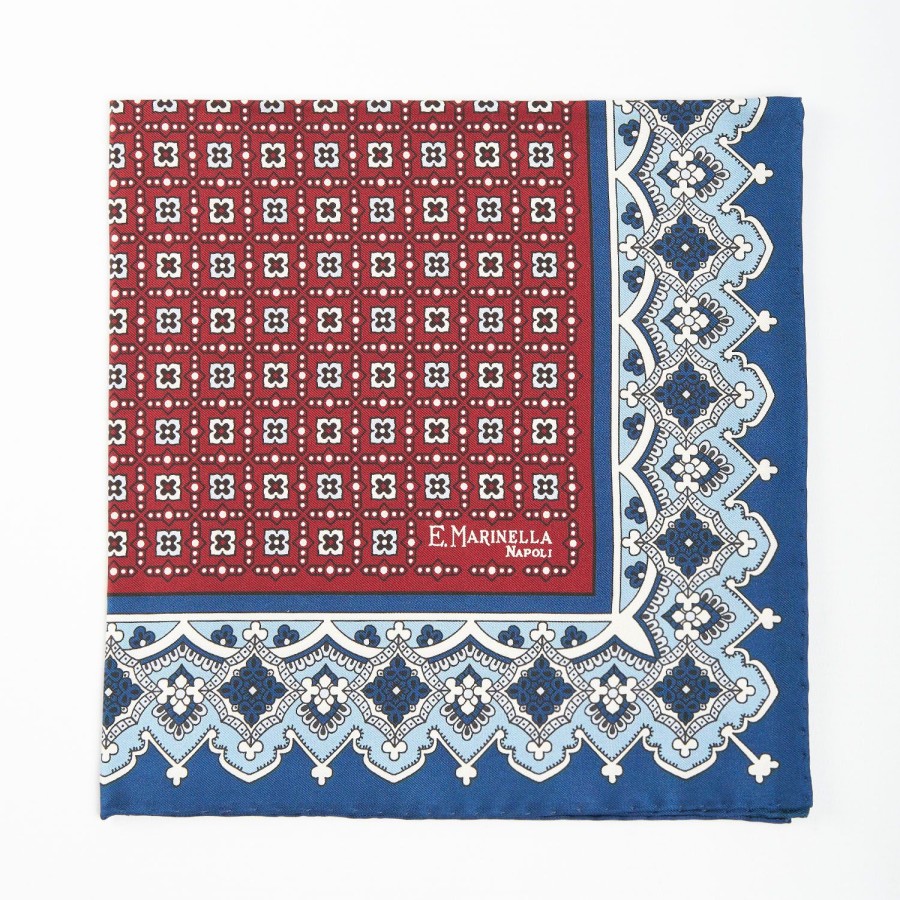 Online E.Marinella Burgundy Hand-Printed Silk Pocket Square Large Flower Pattern