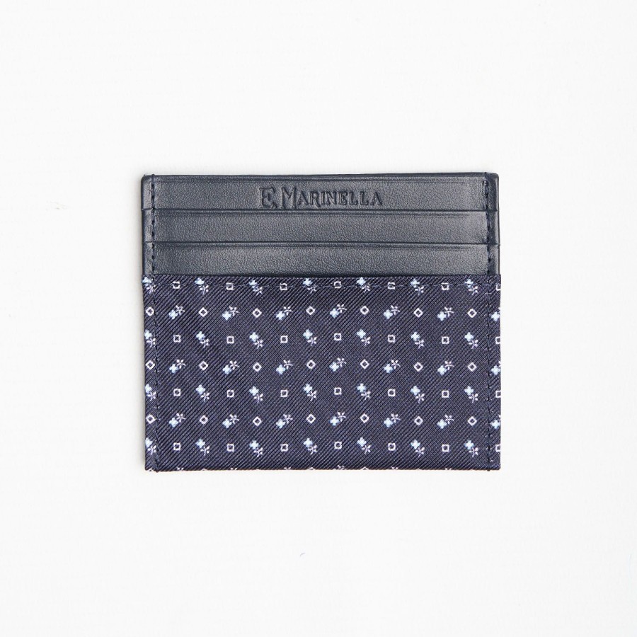 Clearance E.Marinella Dark Blue Silk And Leather Credit Card Holder 5 Compartments