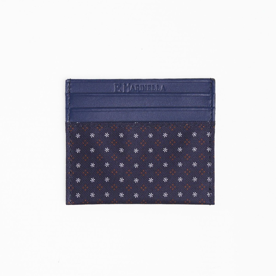 Online E.Marinella Dark Blue Leather And Silk Credit Card Holder - 5 Compartments