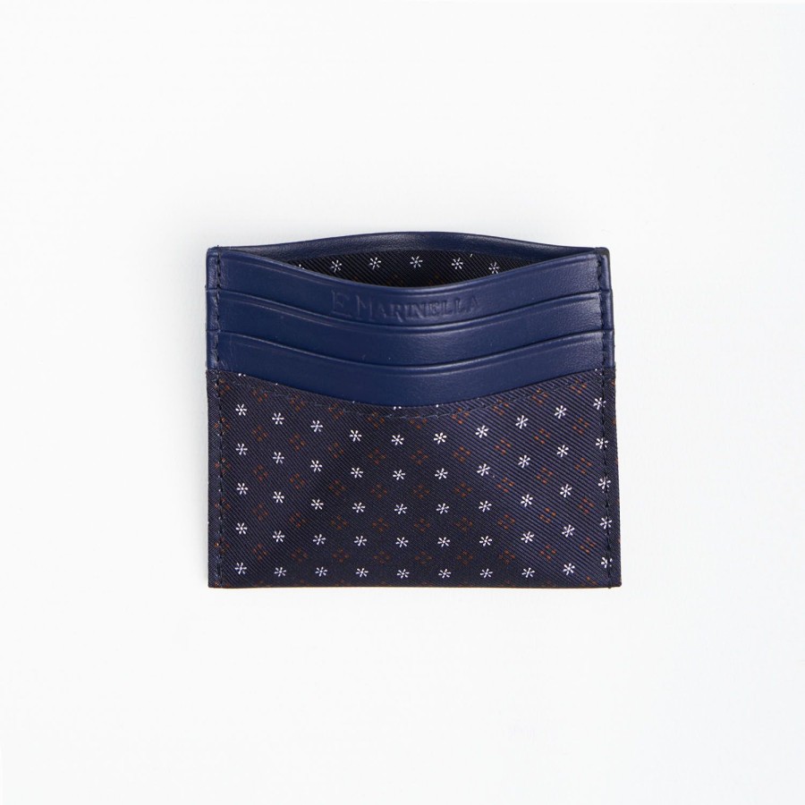 Online E.Marinella Dark Blue Leather And Silk Credit Card Holder - 5 Compartments