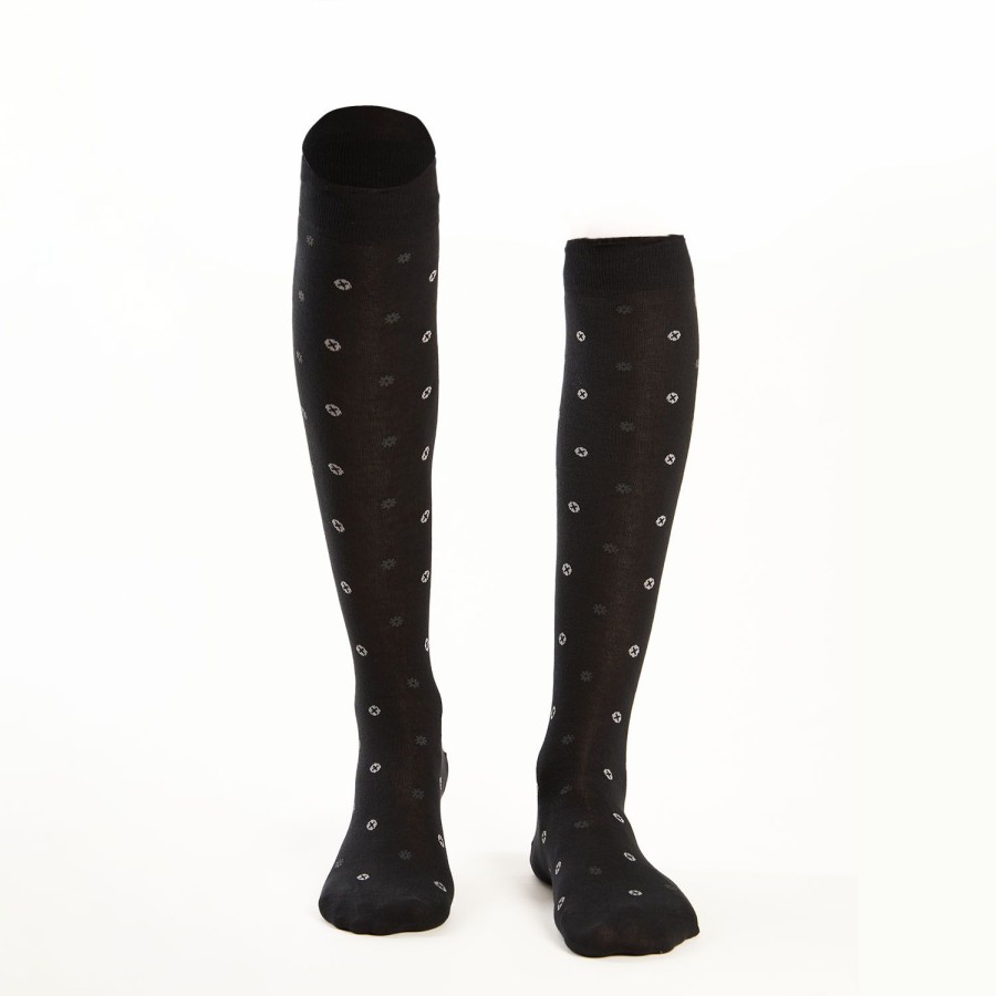 Best E.Marinella Long Black Cotton Socks - Small Flower Pattern