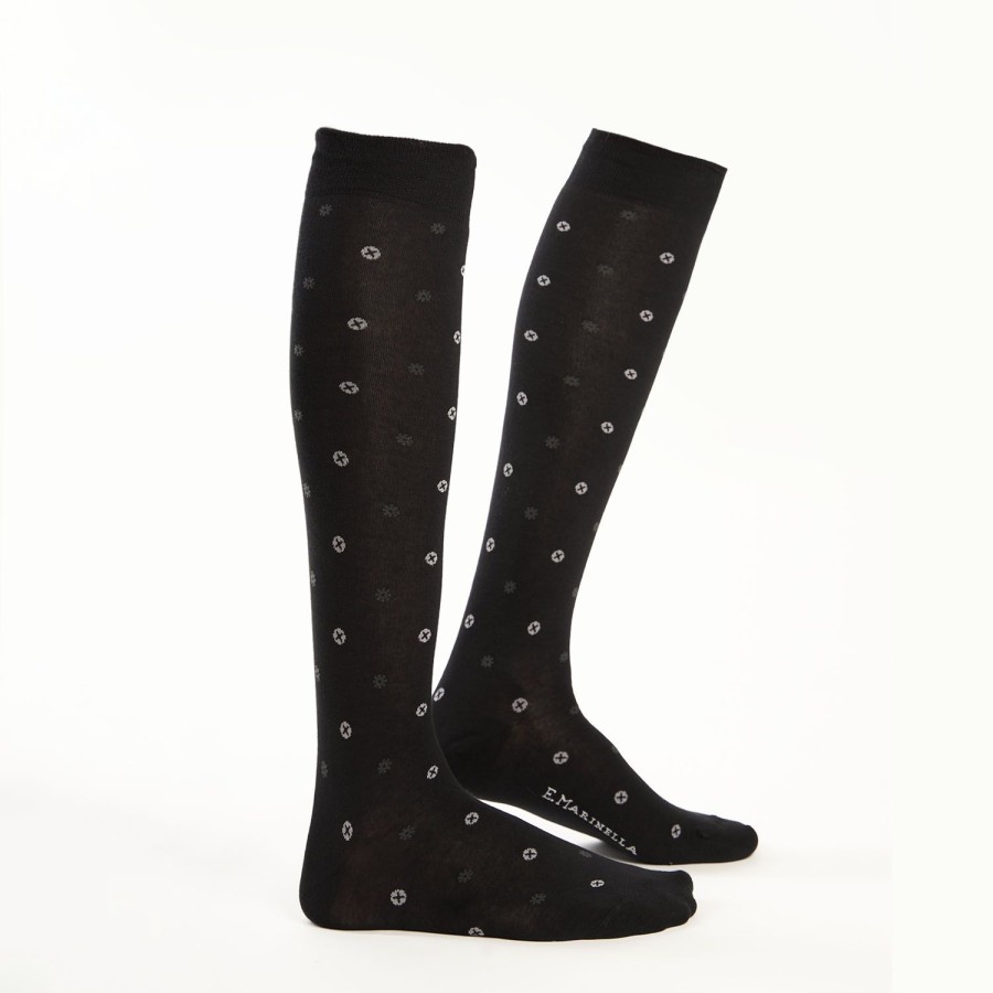 Best E.Marinella Long Black Cotton Socks - Small Flower Pattern