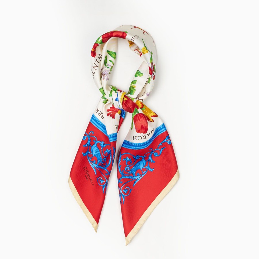 Hot E.Marinella Red Silk Scarf 90 The Wheel Of Seasons