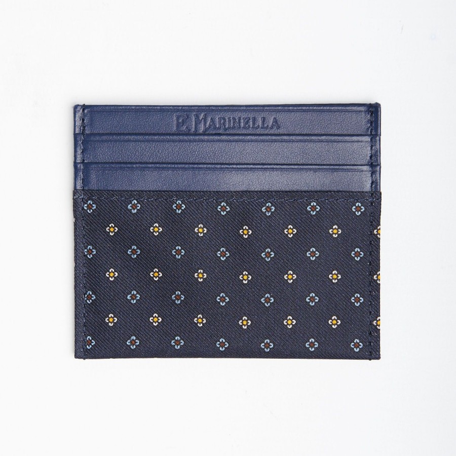 Clearance E.Marinella Dark Blue Silk And Leather Credit Card Holder - 5 Compartments