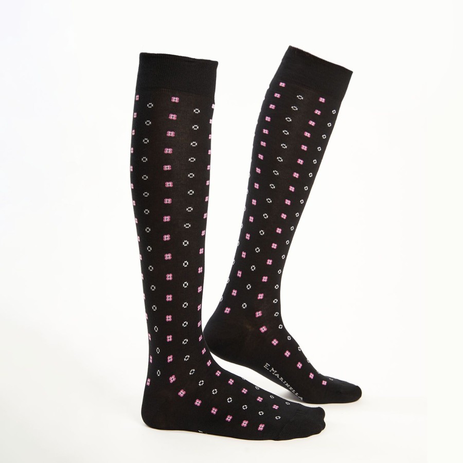 Best E.Marinella Long Black Cotton Socks - Small Flower Pattern